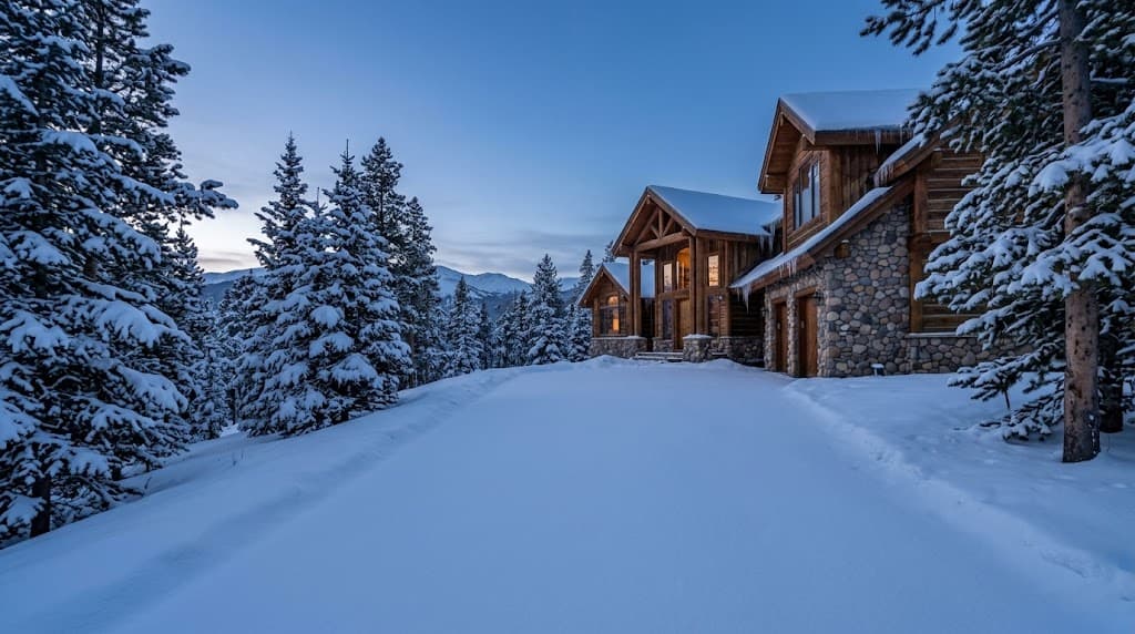 Snow accumulating on a mountain driveway before dawn in Edwards, Colorado