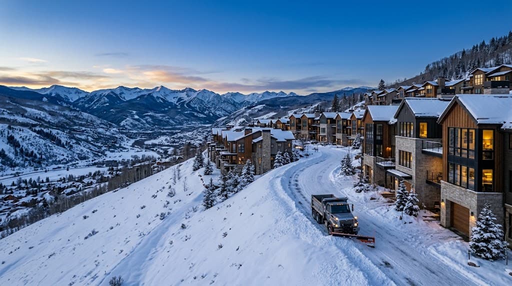 Plow truck clearing a condominium drive lane in Avon, Colorado