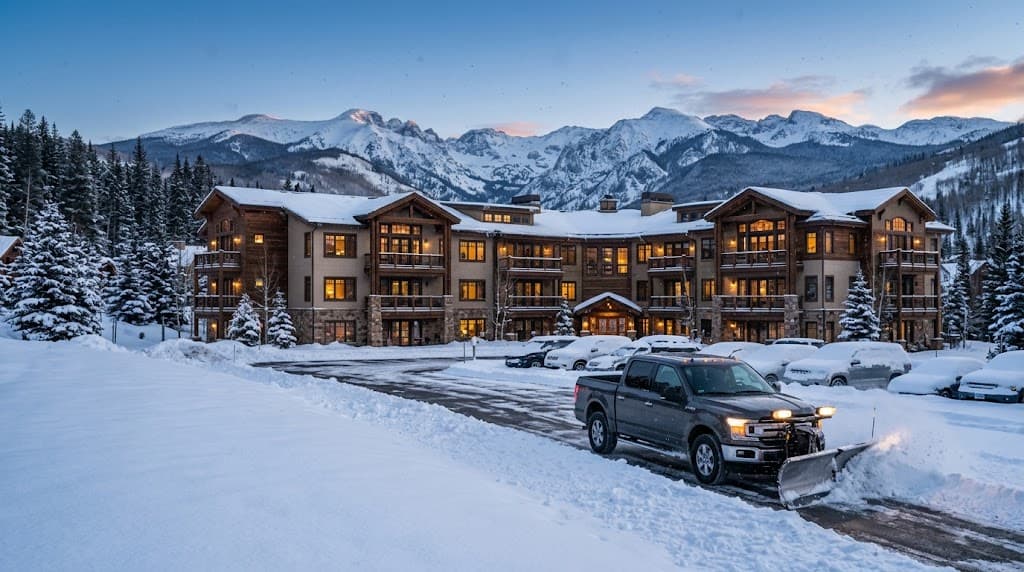 Plow truck clearing a snowy condominium parking lot at dusk in Avon, Colorado