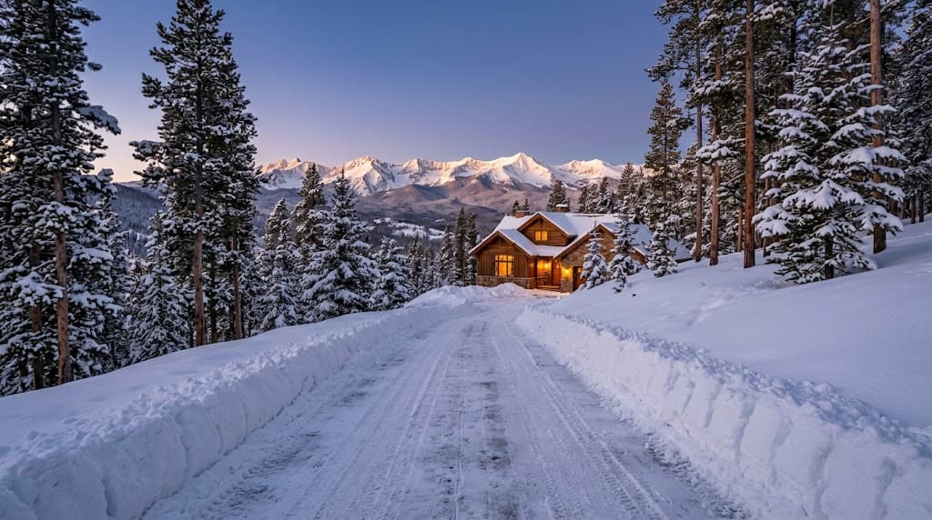 Freshly plowed driveway at dawn at a mountain home in Edwards, Colorado